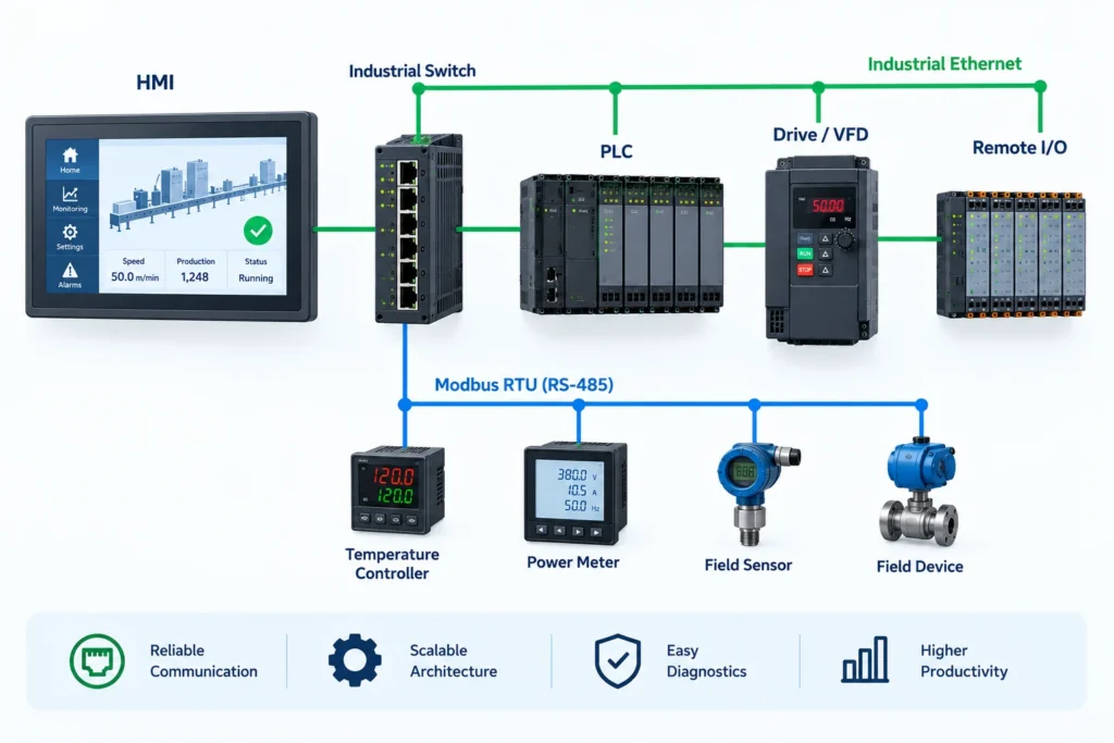 معماری شبکه صنعتی بین HMI، PLC، Drive و Remote I/O
