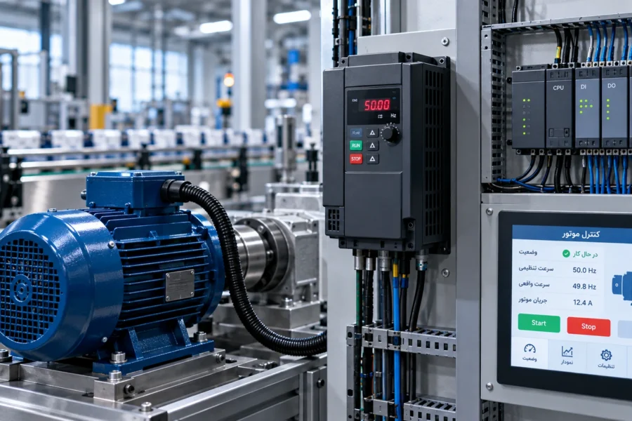کنترل موتور و اینورتر با PLC و HMI در سیستم اتوماسیون صنعتی