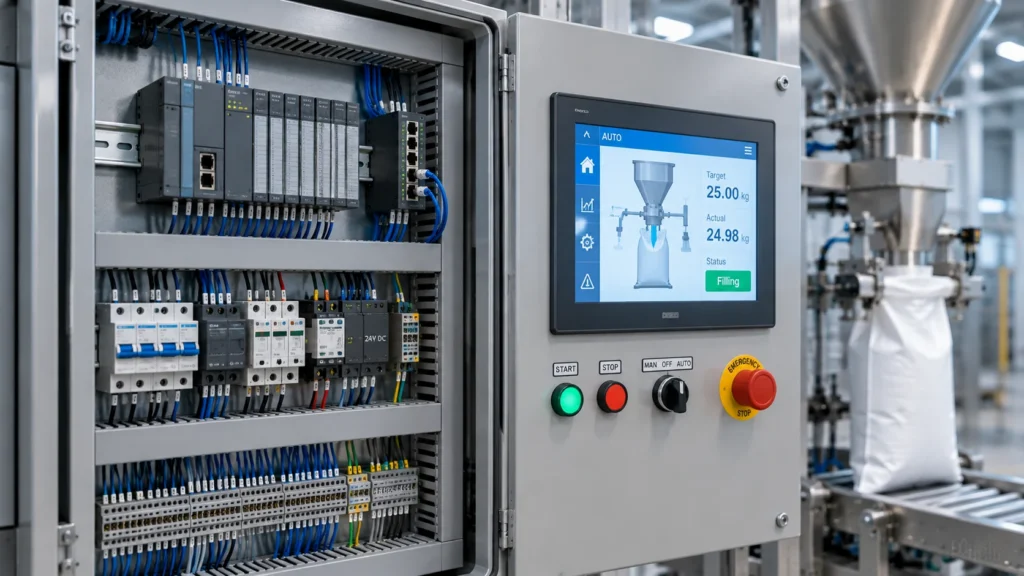 تابلو کنترل PLC و HMI دستگاه کیسهپرکن صنعتی