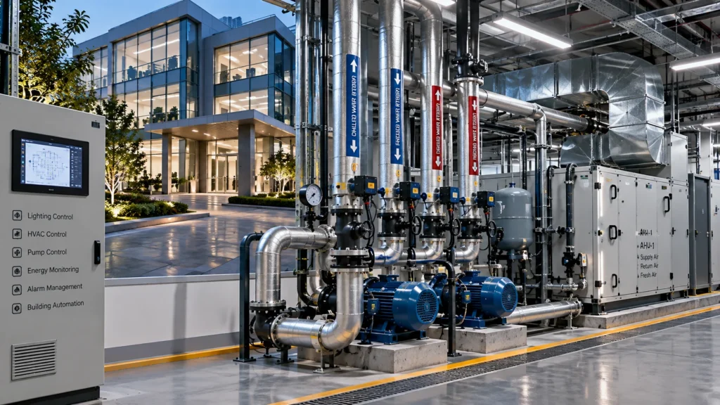 سیستم هوشمندسازی ساختمان با PLC و HMI برای کنترل HVAC و پمپ‌ها
