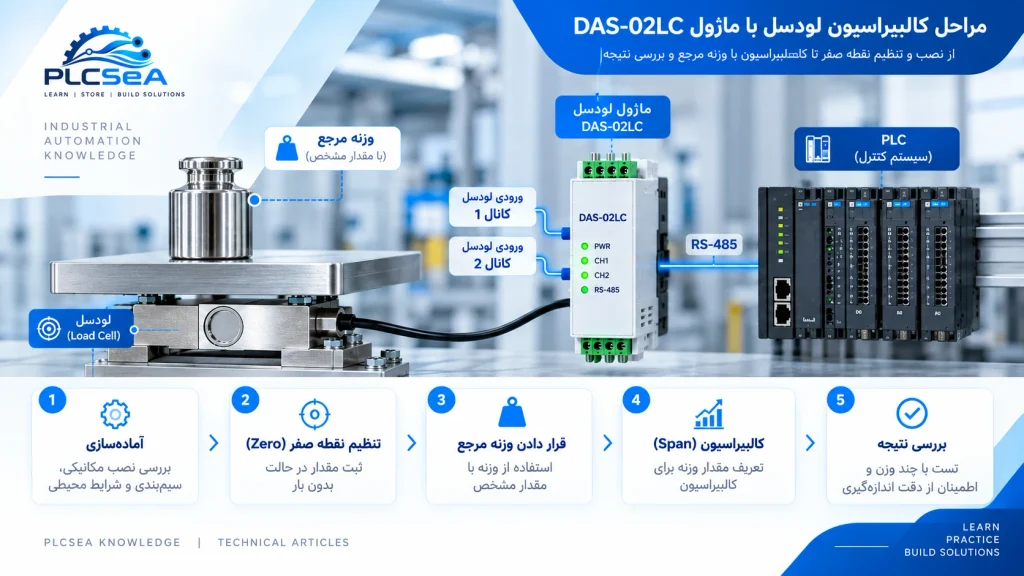 مراحل کالیبراسیون لودسل با ماژول DAS-02LC از تنظیم Zero تا کالیبراسیون با وزنه مرجع