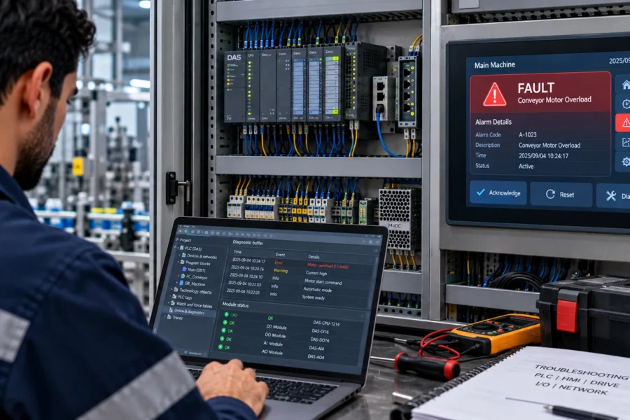 عیب‌یابی PLC و تجهیزات اتوماسیون صنعتی با بررسی خطا و وضعیت سیستم کنترل